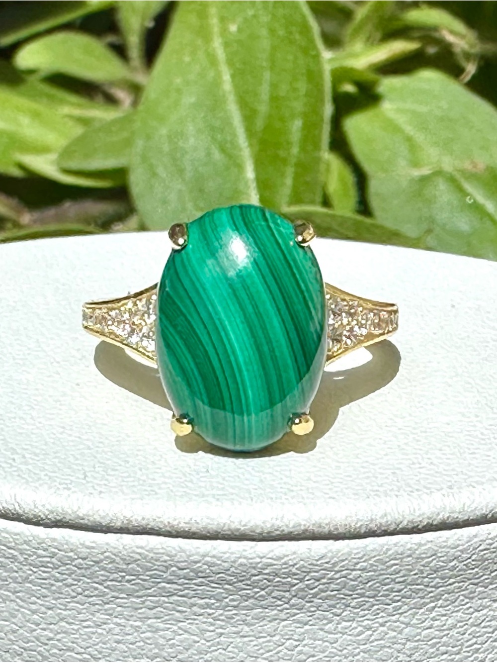 Green Malachite Cabochon Ring, 18k Gold Vermeil, Pavé Accents, Sz 6.5, BRAND NEW